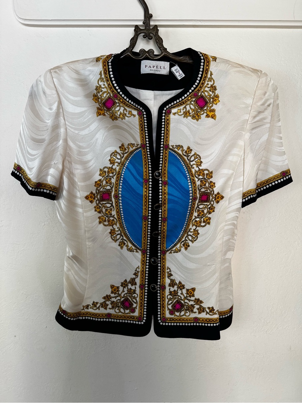 Papell Petites 100% Silk Blouse Size 2 Baroque Print Shoulder Pad Top